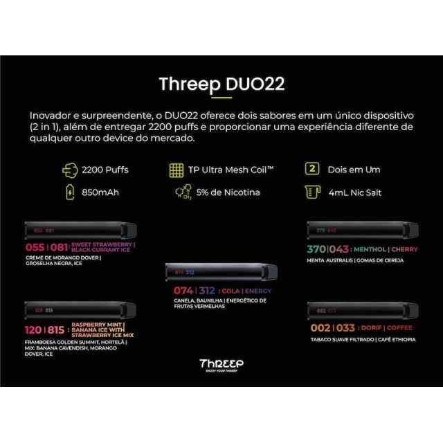 Promoção com 5un | Threep Duo22 2200puffs | Pod Descartável 2 in 1 Threep Premium Pod - 2